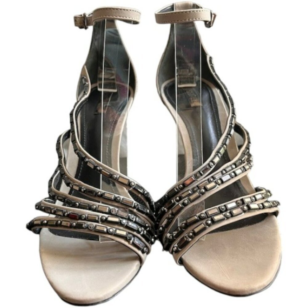SCHUTZ Suede Dress Sandals - Jet Beads, 4" Heel - Gray/Black - 9B